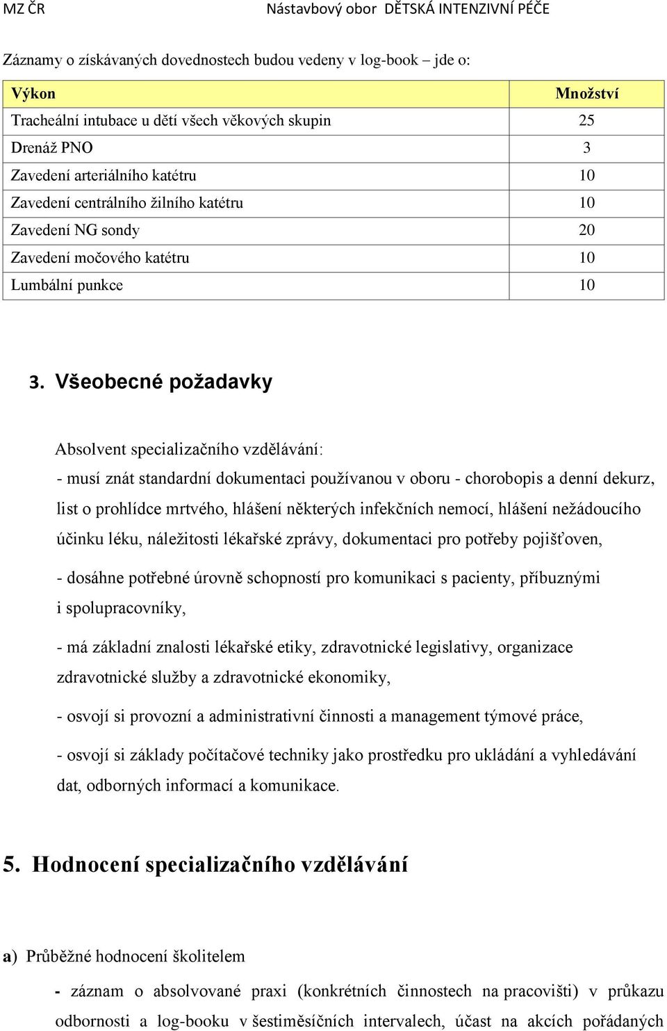 Všeobecné požadavky Absolvent specializačního vzdělávání: - musí znát standardní dokumentaci používanou v oboru - chorobopis a denní dekurz, list o prohlídce mrtvého, hlášení některých infekčních