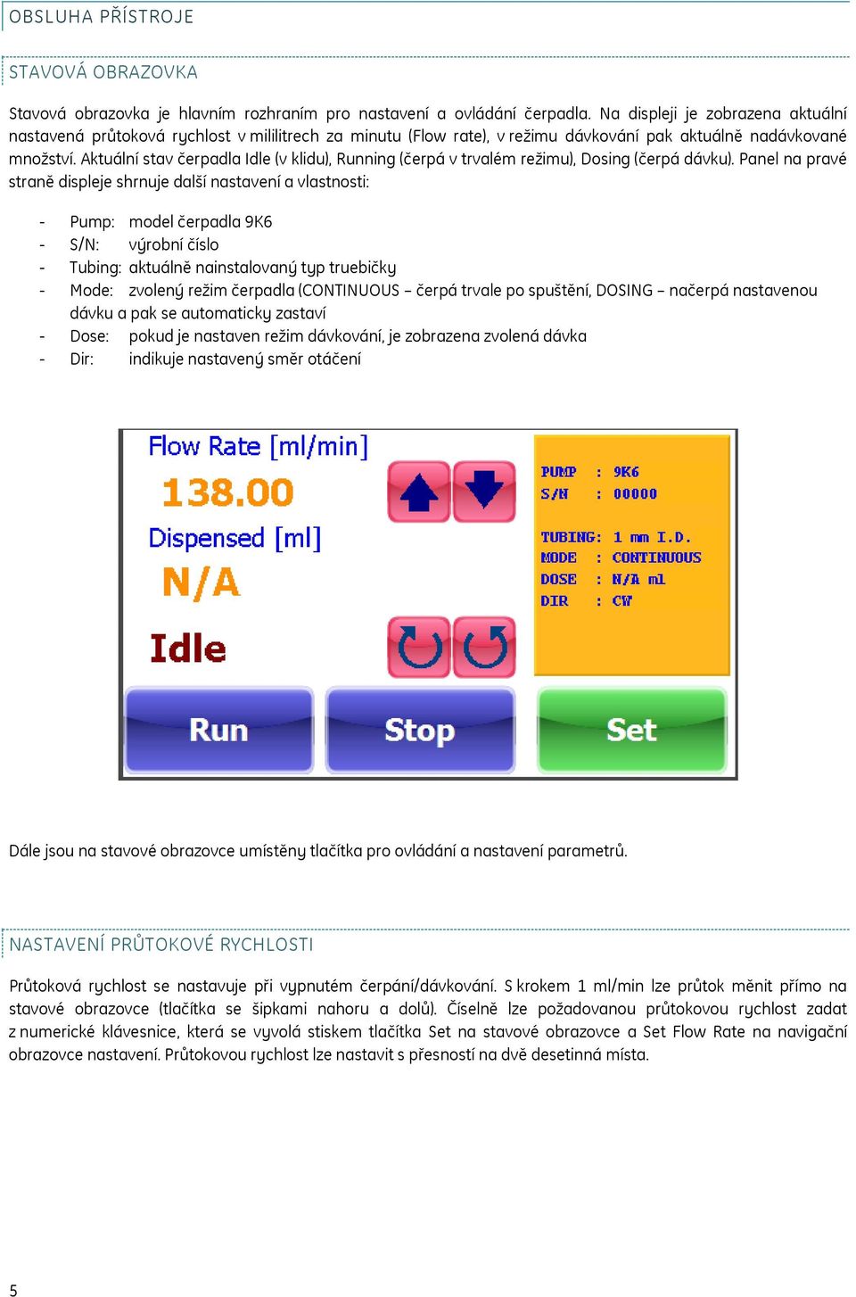 Aktuální stav čerpadla Idle (v klidu), Running (čerpá v trvalém režimu), Dosing (čerpá dávku).
