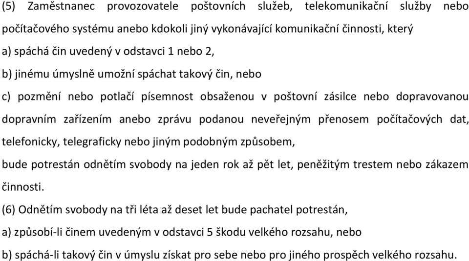 počítačových dat, telefonicky, telegraficky nebo jiným podobným způsobem, bude potrestán odnětím svobody na jeden rok až pět let, peněžitým trestem nebo zákazem činnosti.