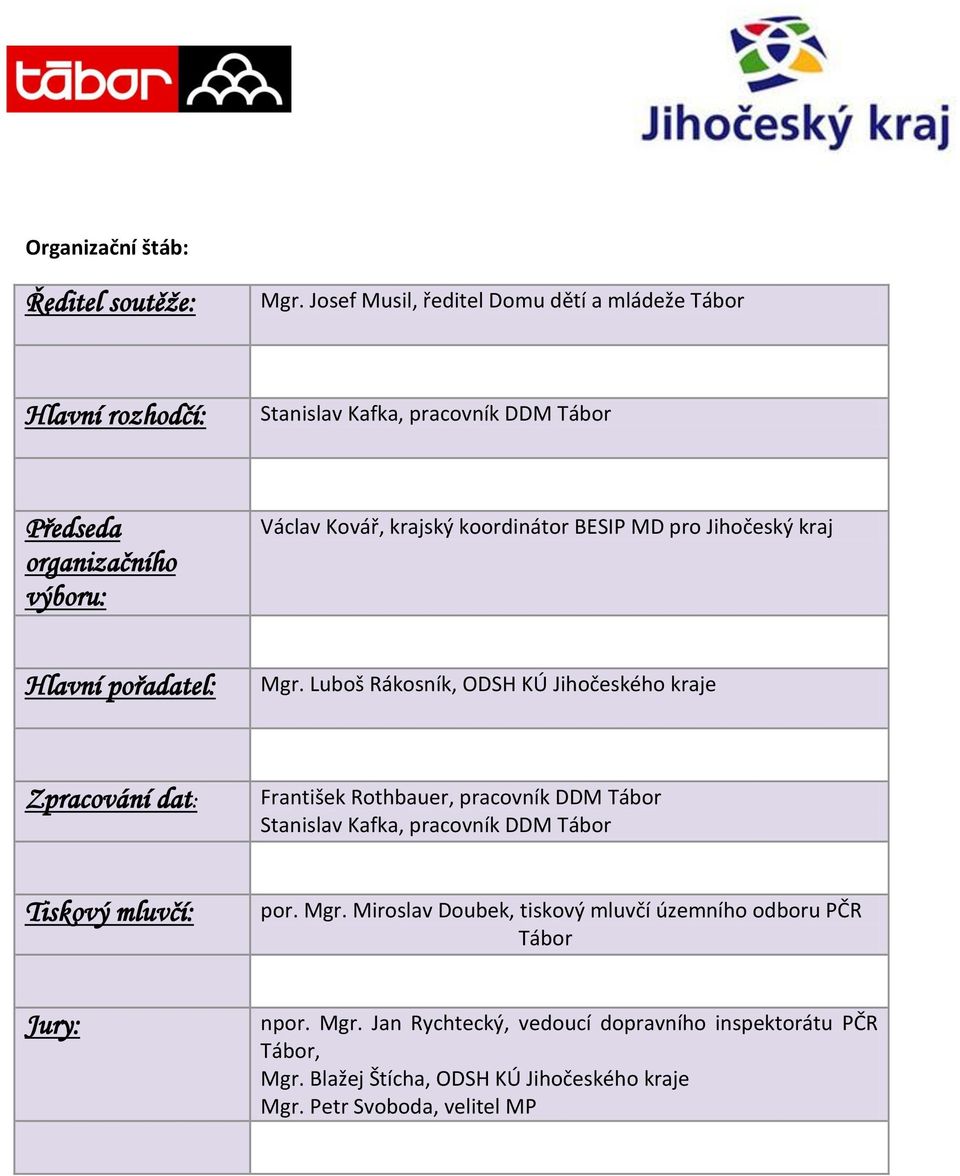 koordinátor BESIP MD pro Jihočeský kraj Hlavní pořadatel: Mgr.