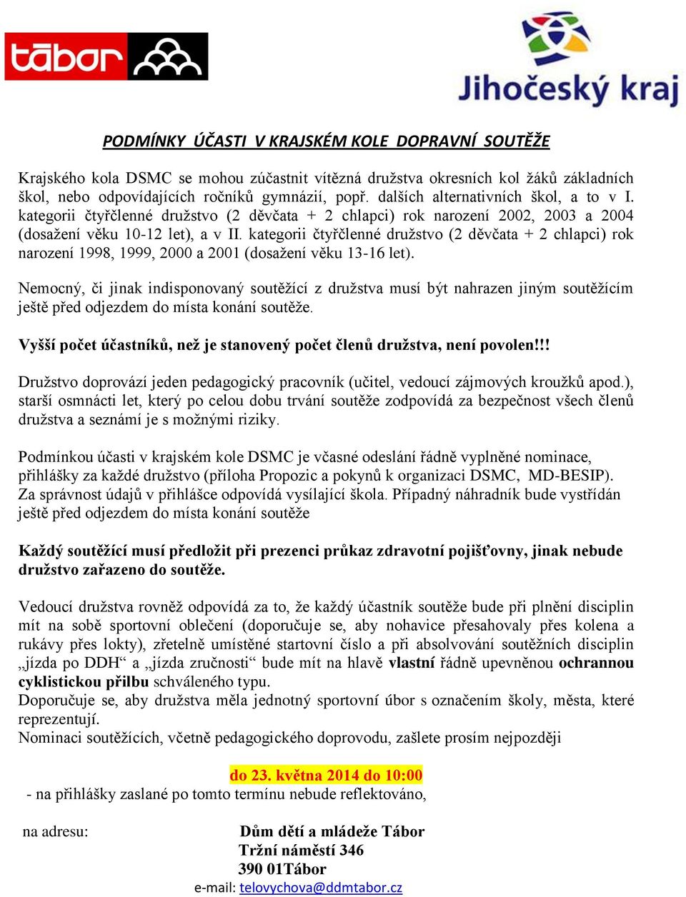 kategorii čtyřčlenné družstvo (2 děvčata + 2 chlapci) rok narození 1998, 1999, 2000 a 2001 (dosažení věku 13-16 let).