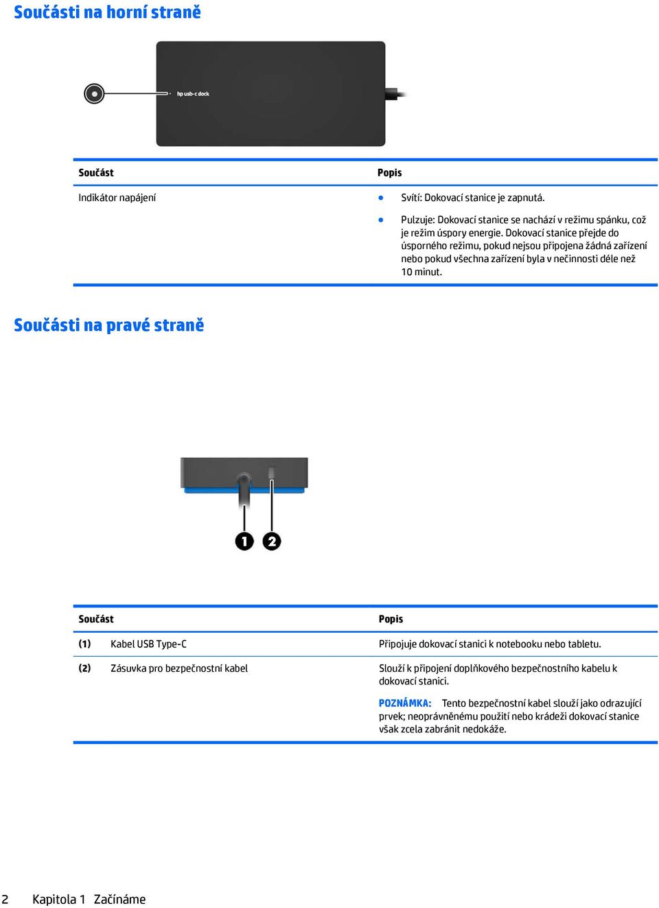 Součásti na pravé straně Součást Popis (1) Kabel USB Type-C Připojuje dokovací stanici k notebooku nebo tabletu.