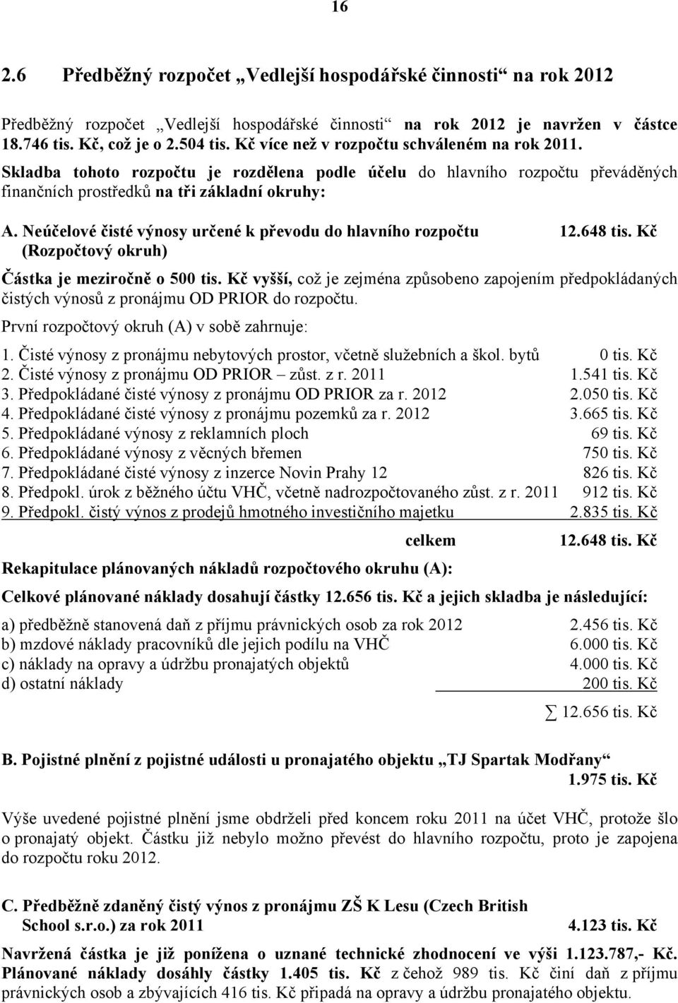 Neúčelové čisté výnosy určené k převodu do hlavního rozpočtu 12.648 tis. Kč (Rozpočtový okruh) Částka je meziročně o 500 tis.