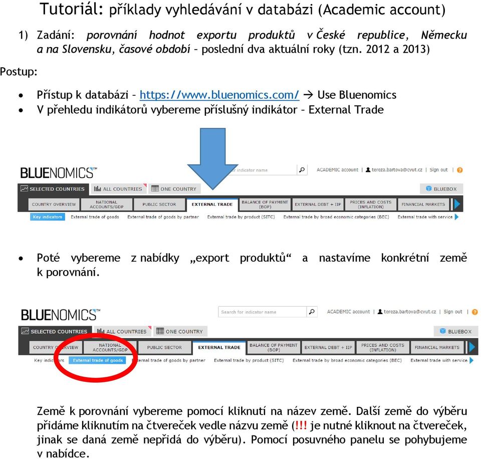 com/ Use Bluenomics V přehledu indikátorů vybereme příslušný indikátor External Trade Poté vybereme z nabídky export produktů a nastavíme konkrétní země k porovnání.