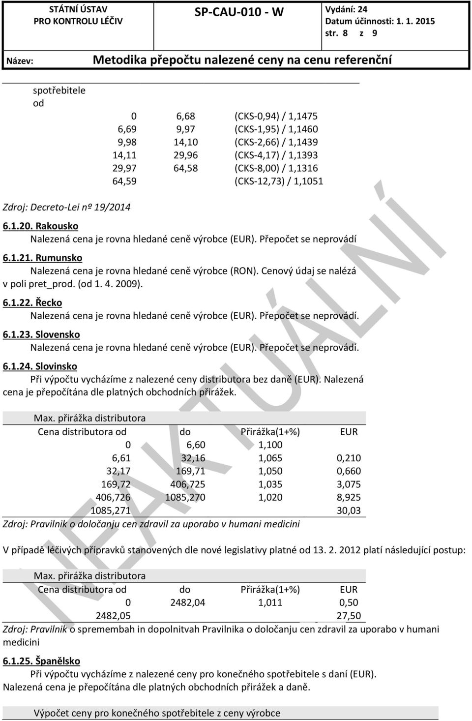 Cenový údaj se nalézá v poli pret_prod. (od 1. 4. 2009). 6.1.22. Řecko 6.1.23. Slovensko 6.1.24. Slovinsko Při výpočtu vycházíme z nalezené ceny distributora bez daně (EUR).