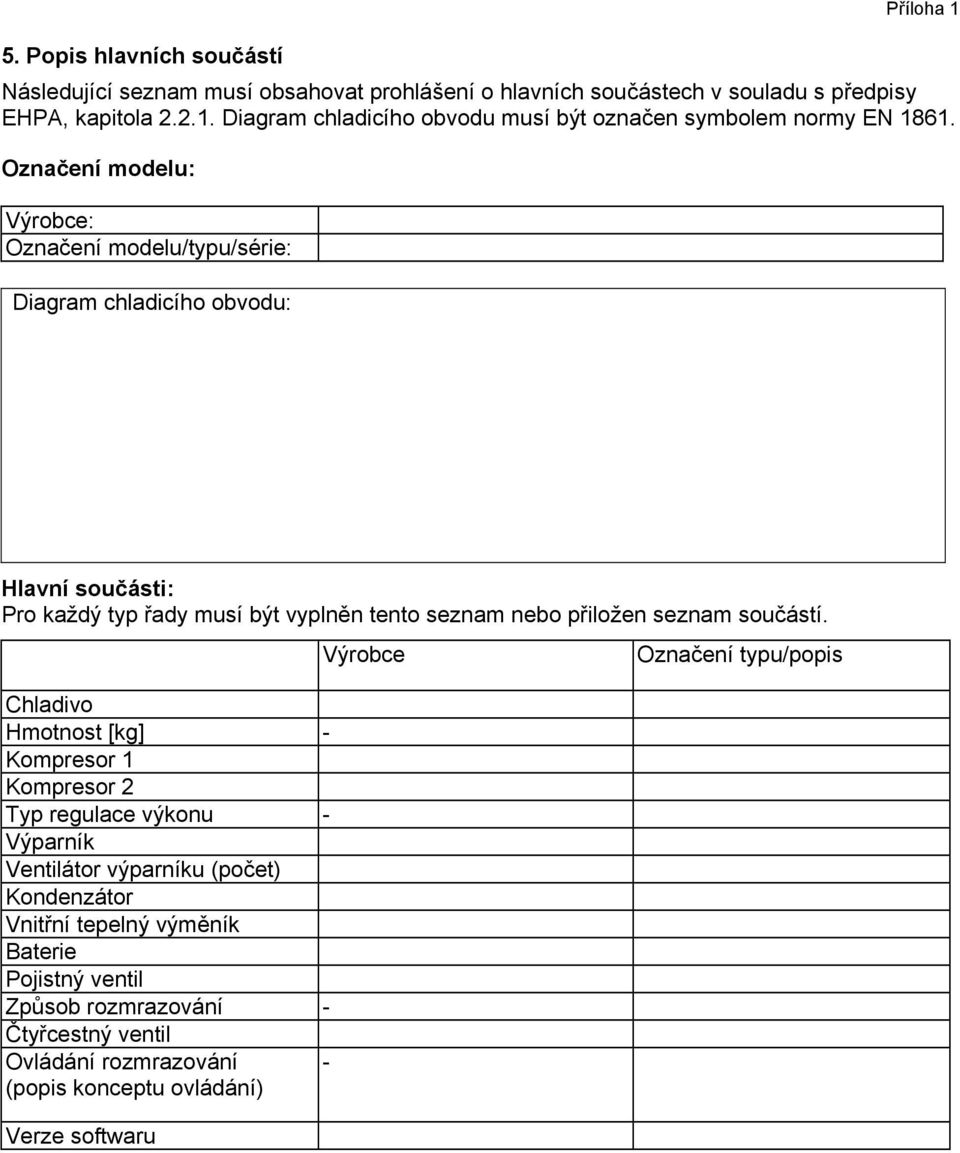 Označení modelu: Výrobce: Označení modelu/typu/série: Diagram chladicího obvodu: Hlavní součásti: Pro každý typ řady musí být vyplněn tento seznam nebo přiložen seznam