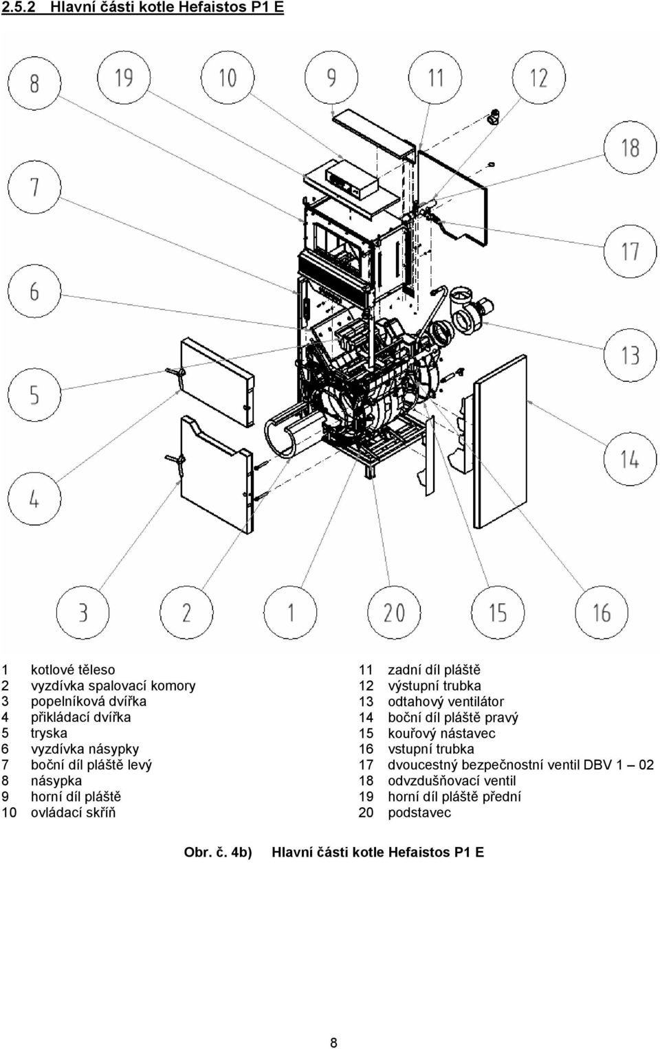 4b) 11 zadní díl pláště 12 výstupní trubka 13 odtahový ventilátor 14 boční díl pláště pravý 15 kouřový nástavec 16 vstupní