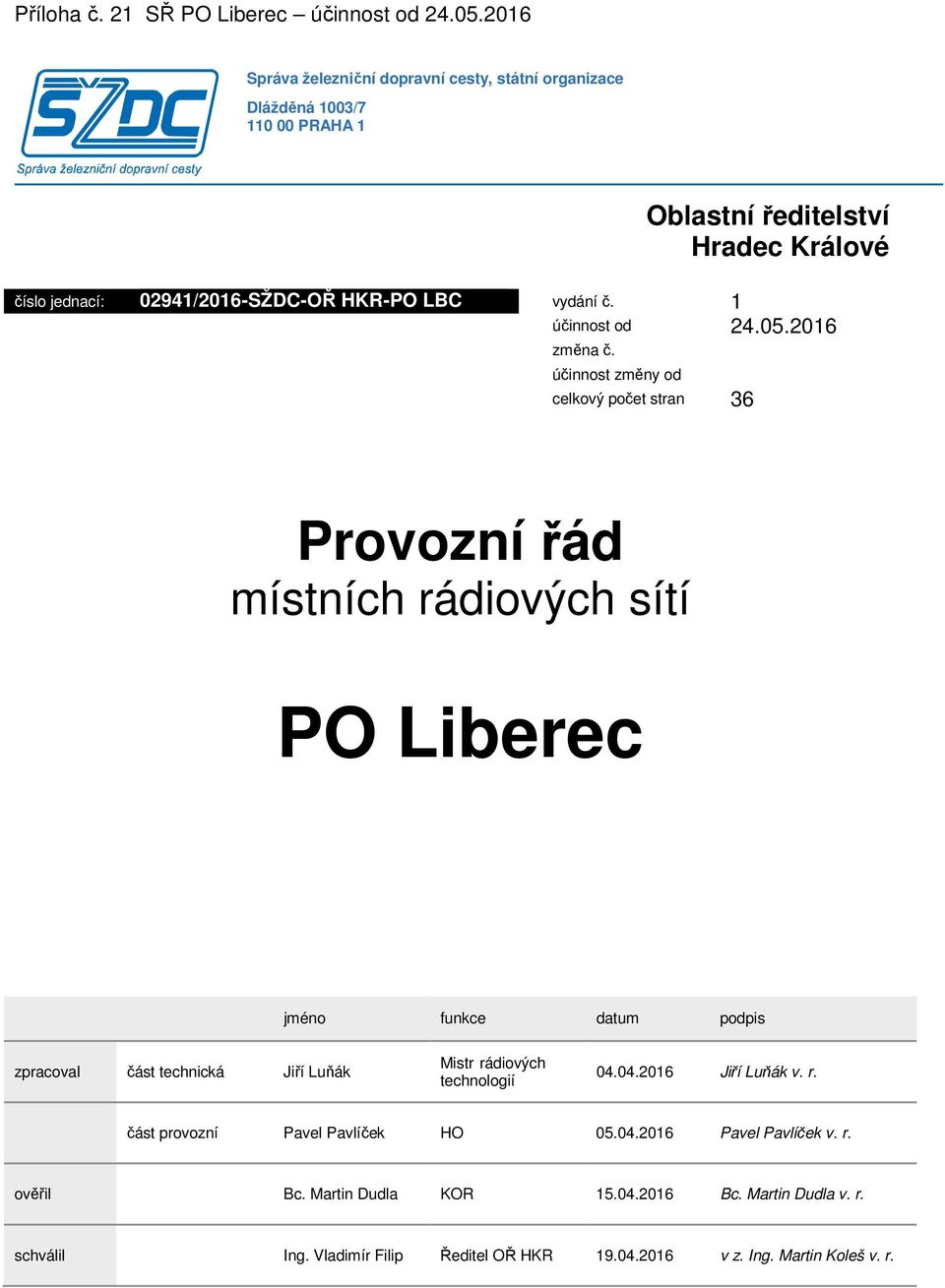 vydání č. 1 02932/14-OŘ HKR-PO TTV účinnost od 24.05.2016 změna č.