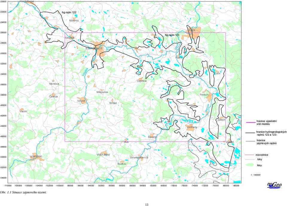 -42000-44000 Vodňany Záboří hranice výpočetní sítě modelu -46000-48000 Dub Bavorov Záblatí hranice hydrogeologických rajónů 122 a 123 hranice zájmových rajónů -50000 VIMPERK Vlach.