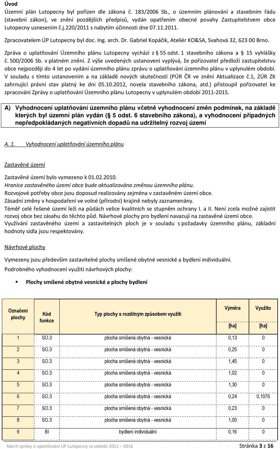 11.2011. Zpracovatelem ÚP Lutopecny byl doc. Ing. arch. Dr. Gabriel Kopáčik, Ateliér KO&SA, Svahová 32, 623 00 Brno. Zpráva o uplatňování Územního plánu Lutopecny vychází z 55 odst.