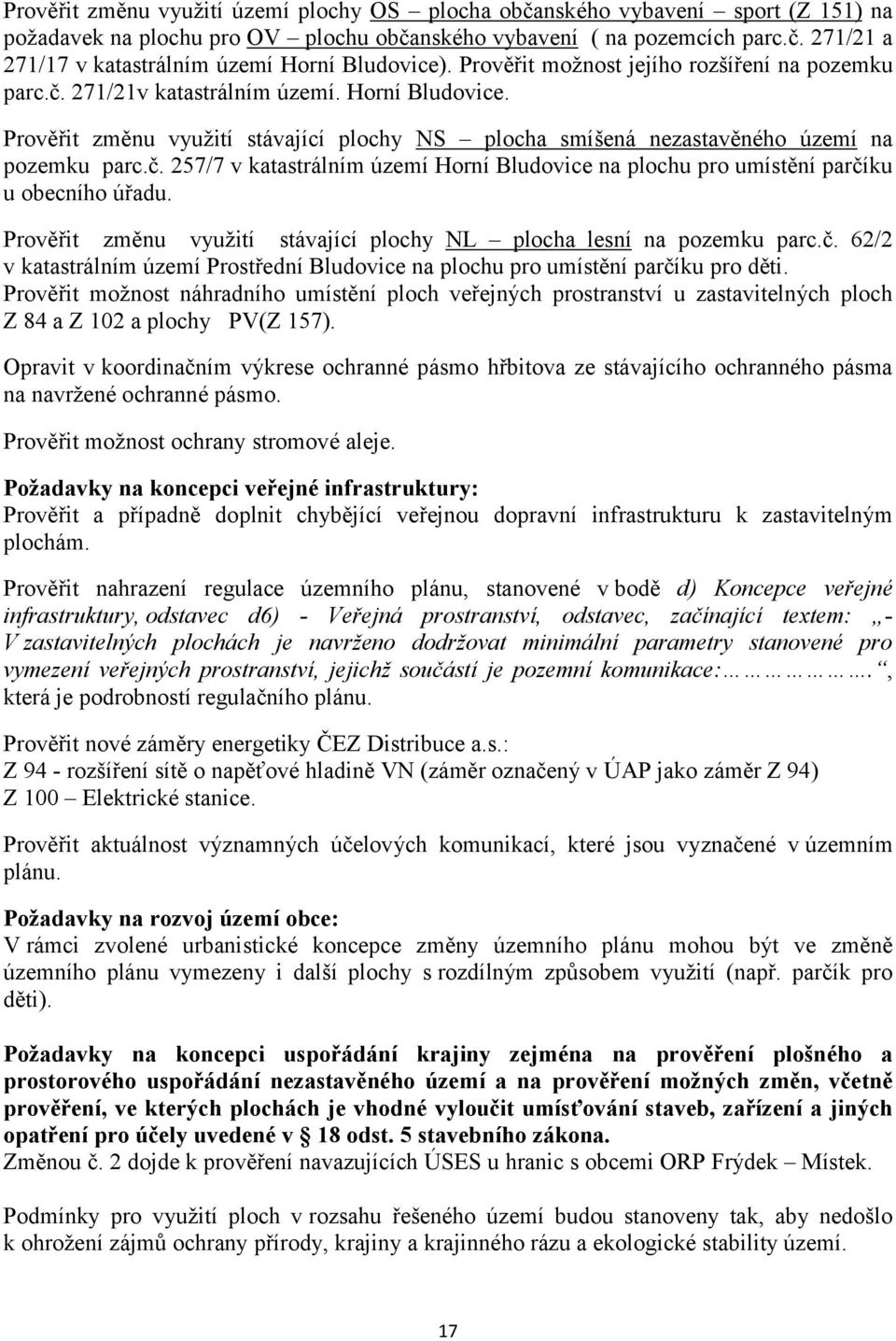 Prověřit změnu využití stávající plochy NL plocha lesní na pozemku parc.č. 62/2 v katastrálním území Prostřední Bludovice na plochu pro umístění parčíku pro děti.