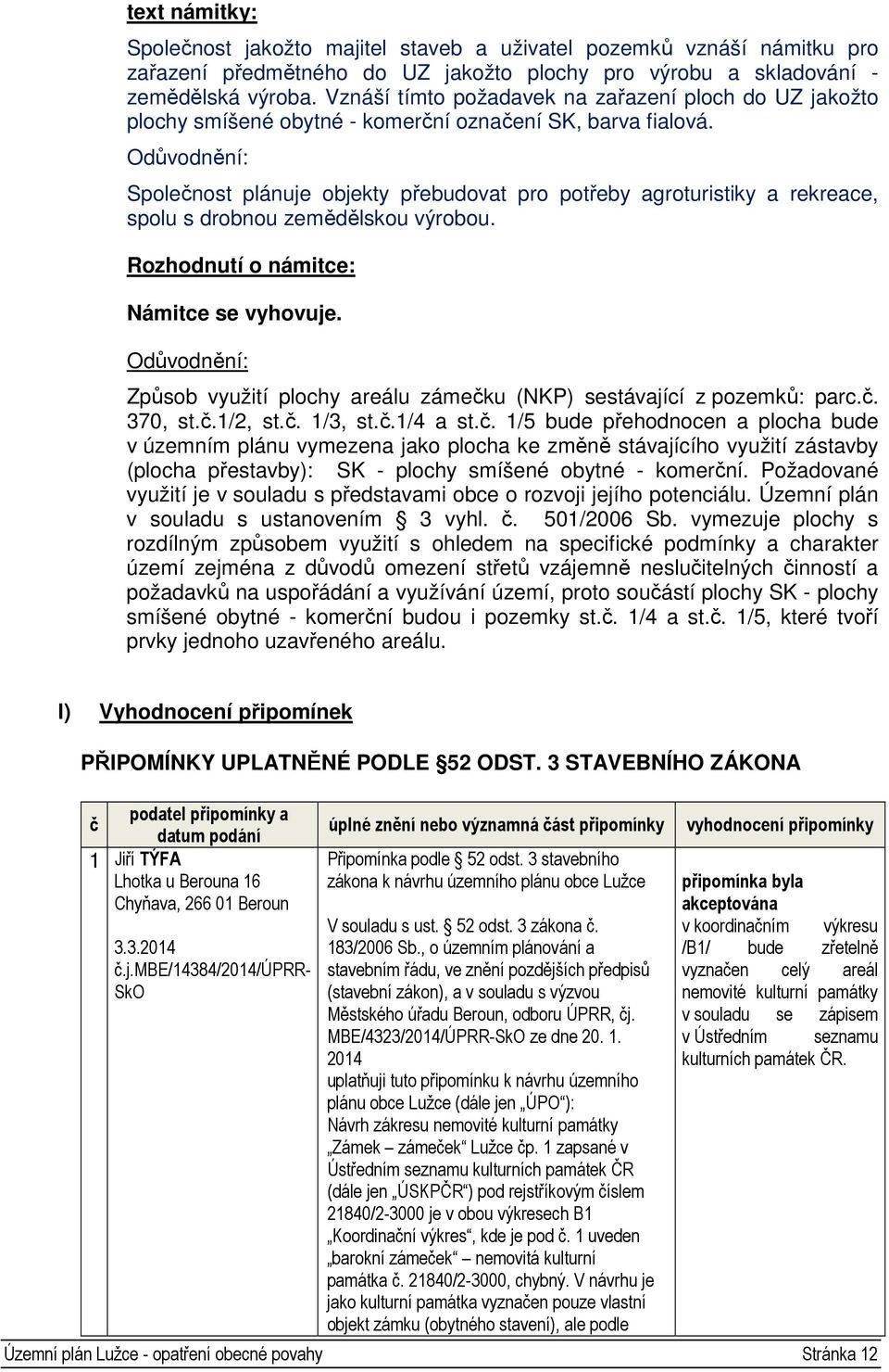 Odůvodnění: Společnost plánuje objekty přebudovat pro potřeby agroturistiky a rekreace, spolu s drobnou zemědělskou výrobou. Rozhodnutí o námitce: Námitce se vyhovuje.