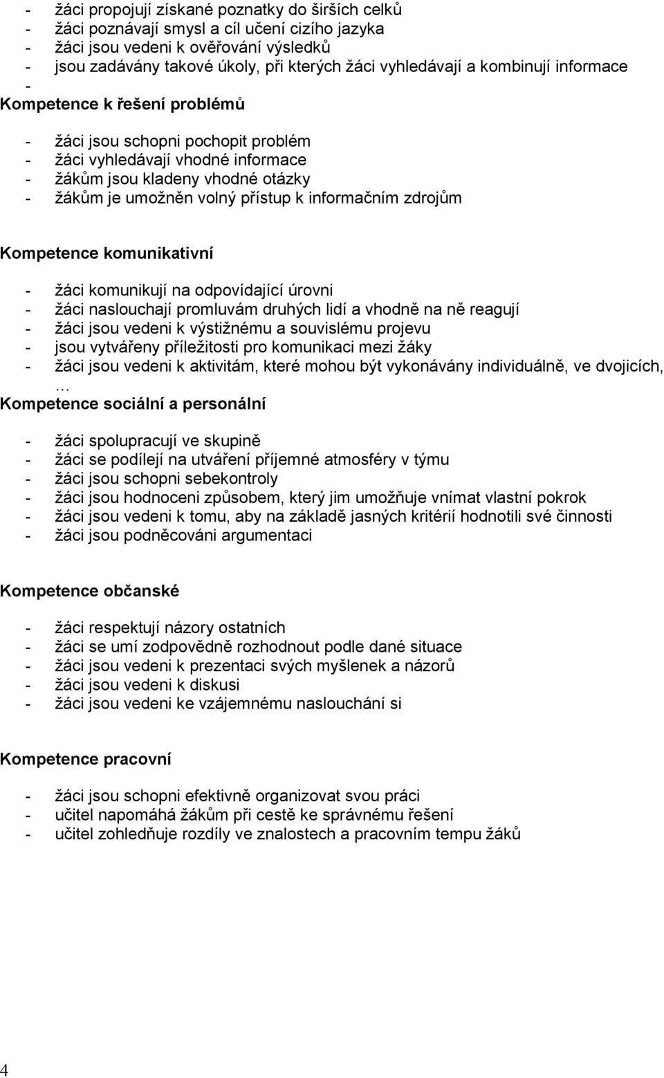 informačním zdrojům Kompetence komunikativní - žáci komunikují na odpovídající úrovni - žáci naslouchají promluvám druhých lidí a vhodně na ně reagují - žáci jsou vedeni k výstižnému a souvislému