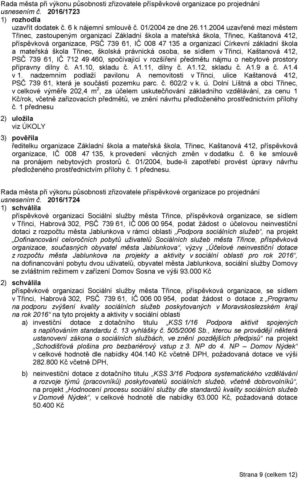 a mateřská škola Třinec, školská právnická osoba, se sídlem v Třinci, Kaštanová 412, PSČ 739 61, IČ 712 49 460, spočívající v rozšíření předmětu nájmu o nebytové prostory přípravny dílny č. A1.