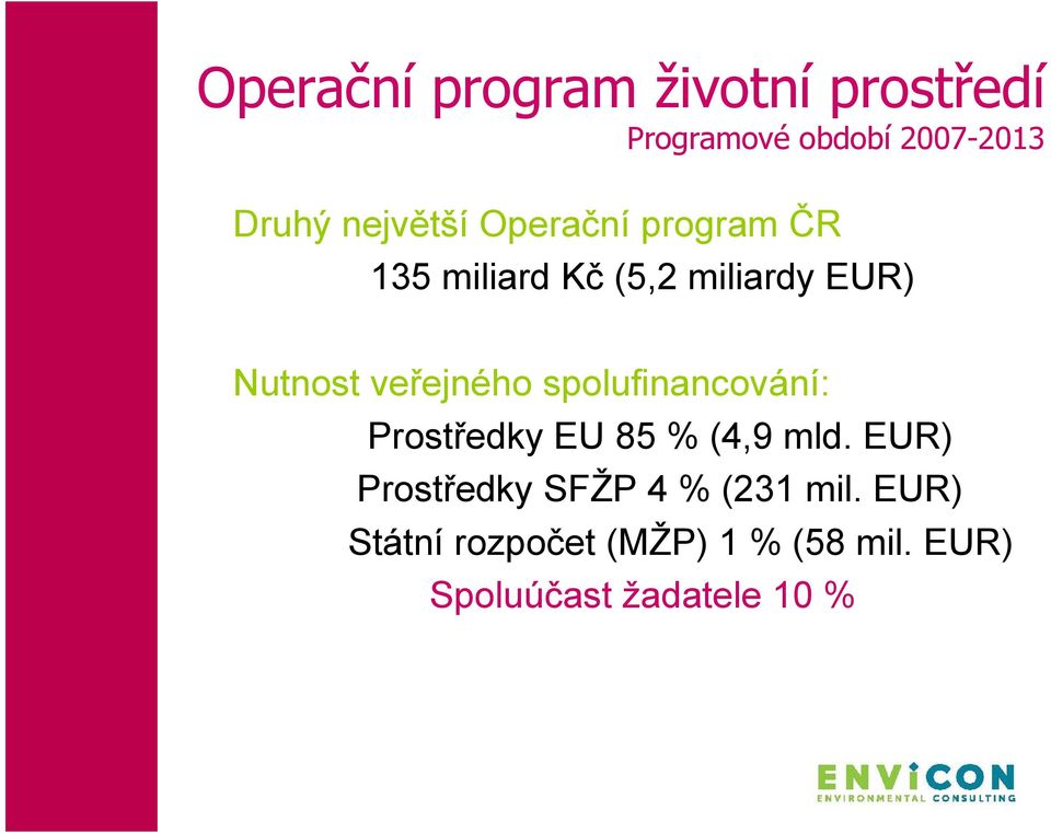 veřejného spolufinancování: Prostředky EU 85 % (4,9 mld.