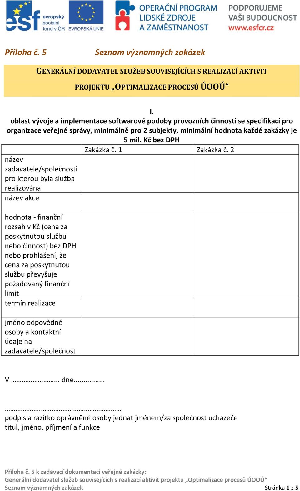 minimální hodnota každé zakázky je 5 mil. Kč bez DPH Zakázka č. 1 Zakázka č.