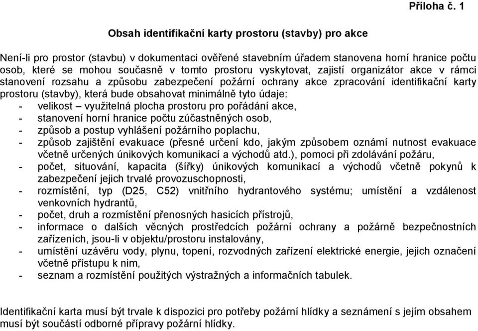 vyskytovat, zajistí organizátor akce v rámci stanovení rozsahu a způsobu zabezpečení požární ochrany akce zpracování identifikační karty prostoru (stavby), která bude obsahovat minimálně tyto údaje: