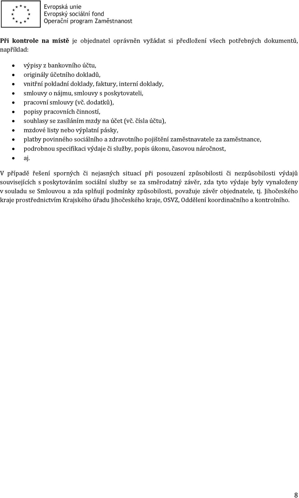 čísla účtu), mzdové listy nebo výplatní pásky, platby povinného sociálního a zdravotního pojištění zaměstnavatele za zaměstnance, podrobnou specifikaci výdaje či služby, popis úkonu, časovou
