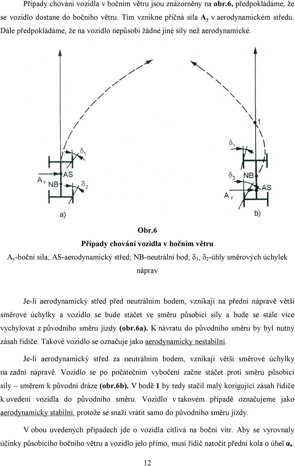 6 Případy chování vozidla v bočním větru A y -boční síla; AS-aerodynamický střed; NB-neutrální bod; δ 1, δ 2 -úhly směrových úchylek náprav Je-li aerodynamický střed před neutrálním bodem, vznikají