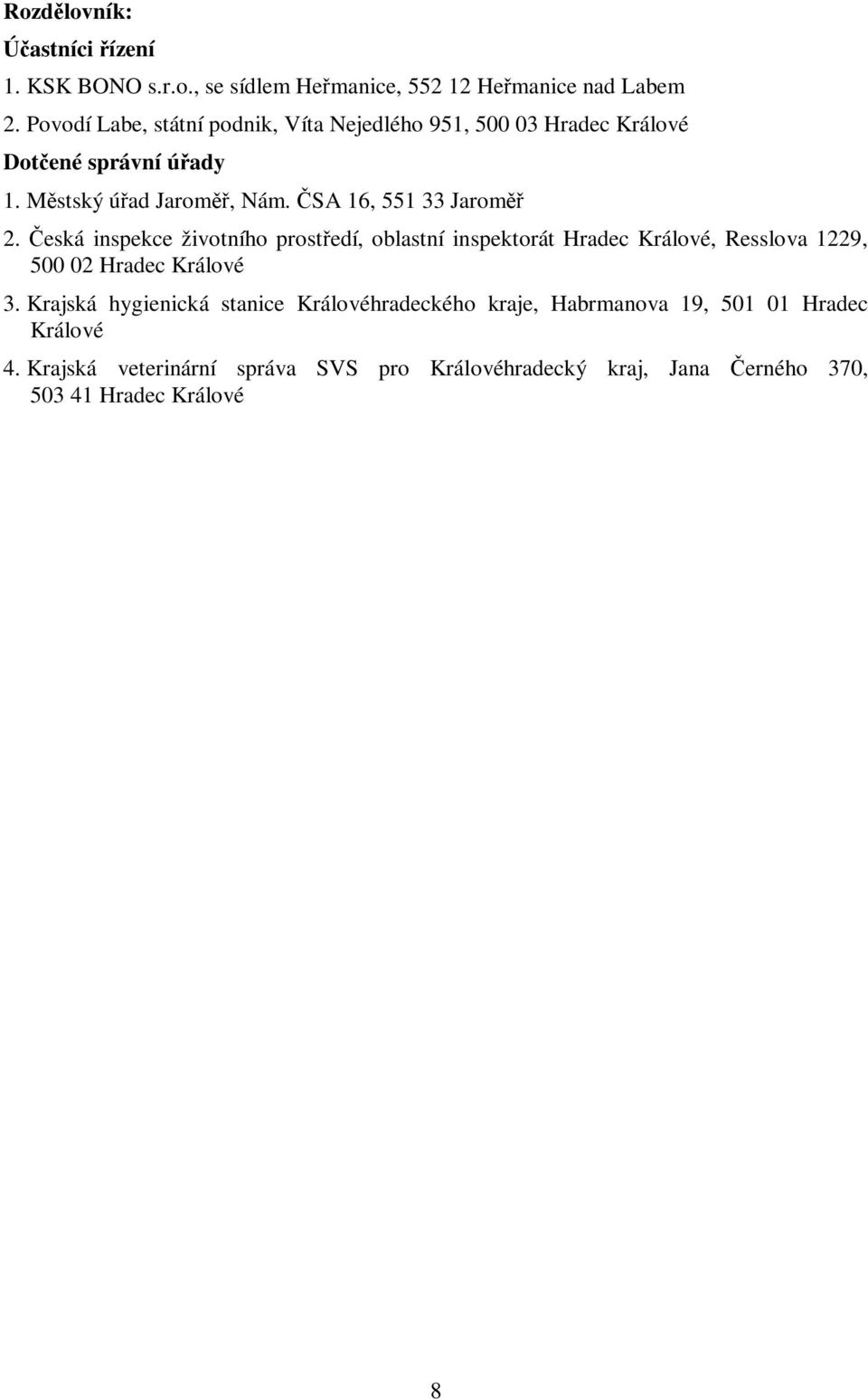 ČSA 16, 551 33 Jaroměř 2. Česká inspekce životního prostředí, oblastní inspektorát Hradec Králové, Resslova 1229, 500 02 Hradec Králové 3.