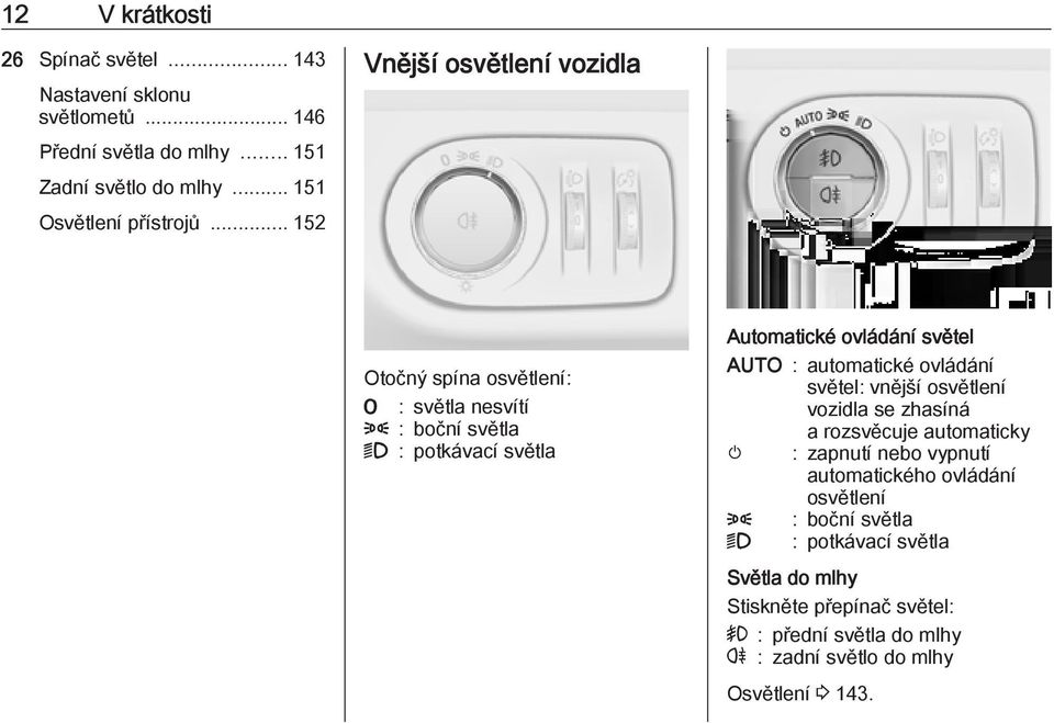 automatické ovládání světel: vnější osvětlení vozidla se zhasíná a rozsvěcuje automaticky m : zapnutí nebo vypnutí automatického ovládání osvětlení