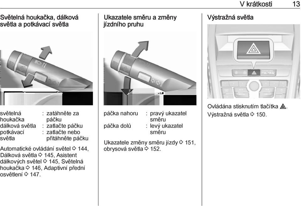 Dálková světla 3 145, Asistent dálkových světel 3 145, Světelná houkačka 3 146, Adaptivní přední osvětlení 3 147.