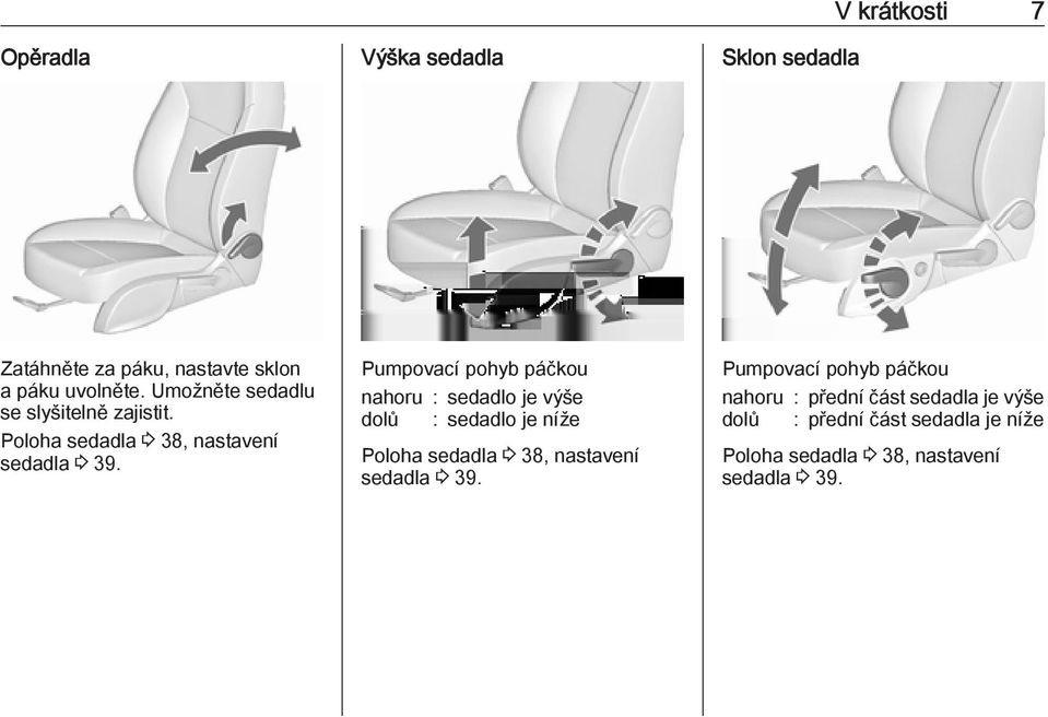 Pumpovací pohyb páčkou nahoru : sedadlo je výše dolů : sedadlo je níže Poloha sedadla 3 38, nastavení sedadla