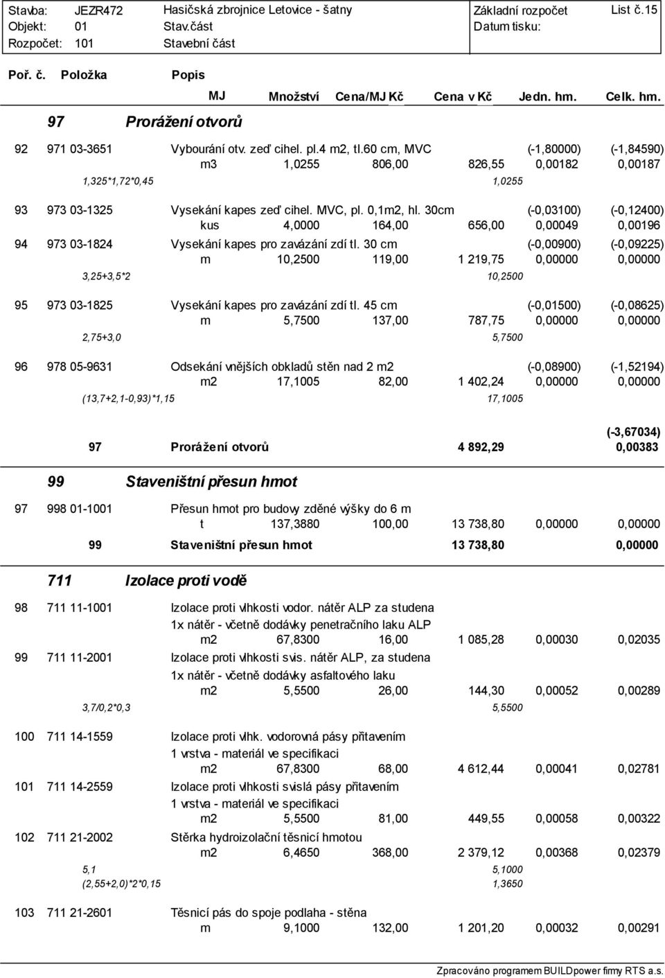 30cm (-0,03100) (-0,12400) kus 4,0000 164,00 656,00 049 0,096 94 973 03-1824 Vysekání kapes pro zavázání zdí tl.