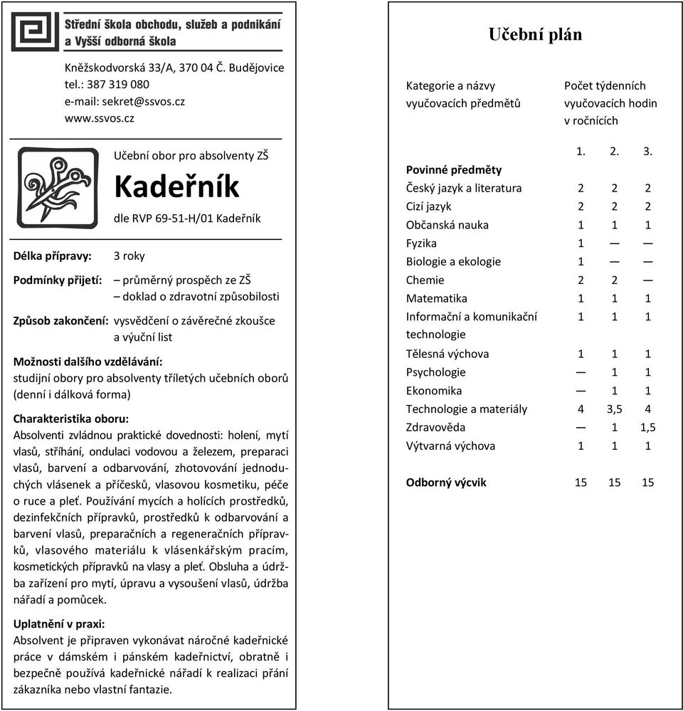 cz Kategorie a názvy vyučovacích předmětů Počet týdenních vyučovacích hodin v ročnících Délka přípravy: Podmínky přijetí: Učební obor pro absolventy ZŠ Kadeřník dle RVP 69-51-H/01 Kadeřník 3 roky