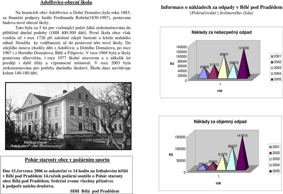 První škola obce však vznikla už v roce 1726 při založení zdejší farnosti a ležela nedaleko odtud. Sloužila ke vzdělanosti, až do postavení této nové školy.