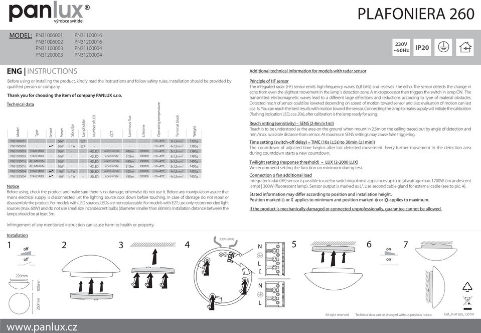 should be provided by qualified person or company. Thank you for choosing the item of company PAUX s.r.o. Technical data Additional technical information for models with radar sensor Principle of HF sensor The integrated radar (HF) sensor emits high-frequency waves (5,8 GHz) and receives the echo.