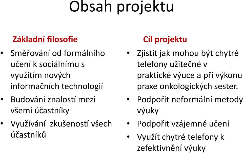 Cíl projektu Zjistit jak mohou být chytré telefony užitečné v praktické výuce a při výkonu praxe