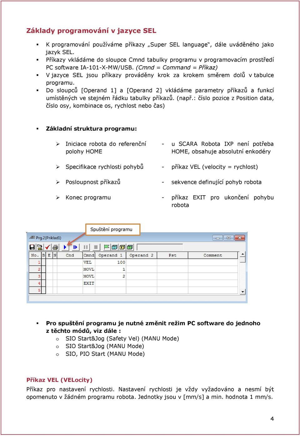 (Cmnd = Command = Příkaz) V jazyce SEL jsou příkazy prováděny krok za krokem směrem dolů v tabulce programu.