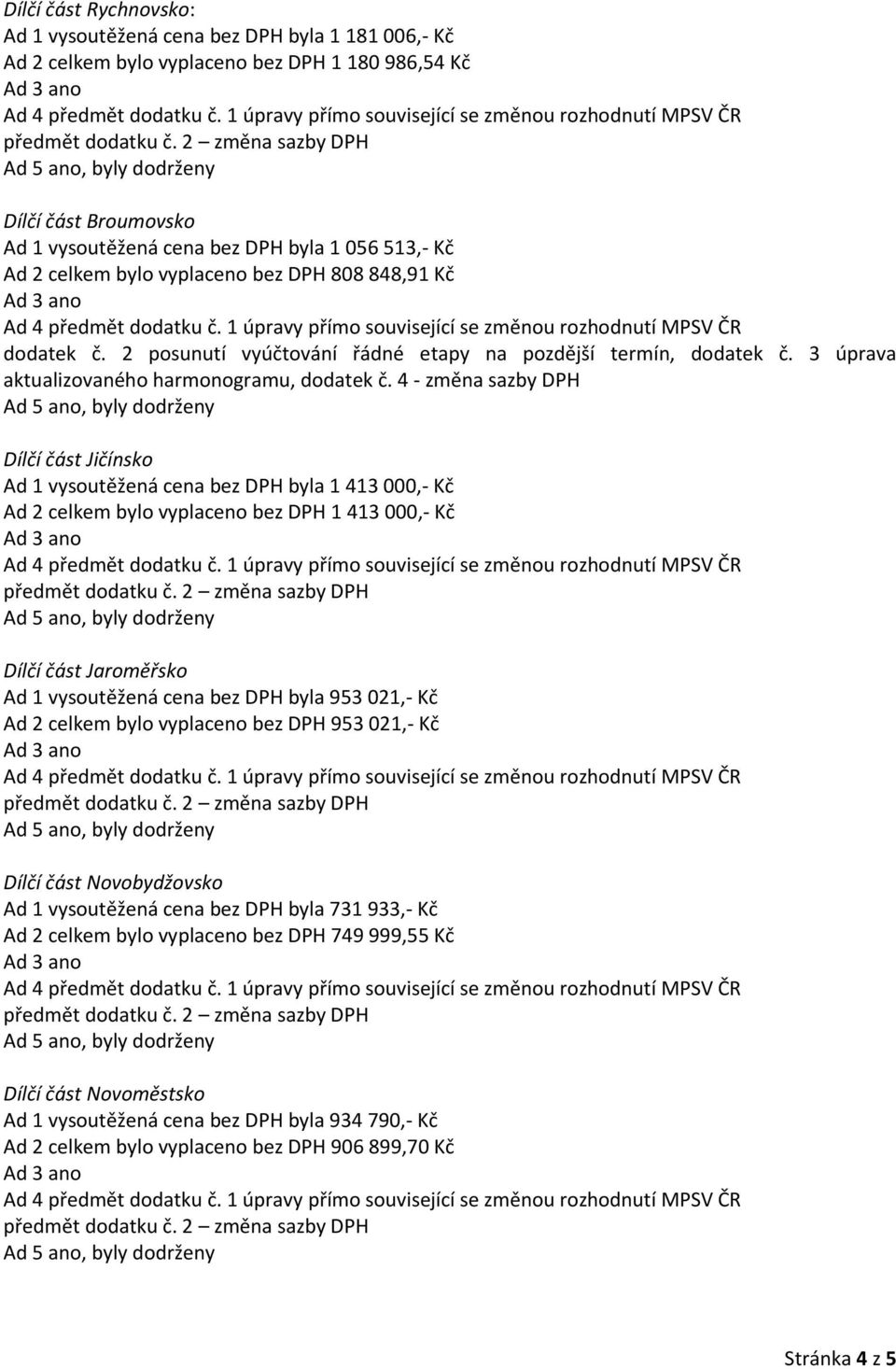 4 - změna sazby DPH Dílčí část Jičínsko Ad 1 vysoutěžená cena bez DPH byla 1 413 000,- Kč Ad 2 celkem bylo vyplaceno bez DPH 1 413 000,- Kč Dílčí část Jaroměřsko Ad 1 vysoutěžená cena bez DPH byla