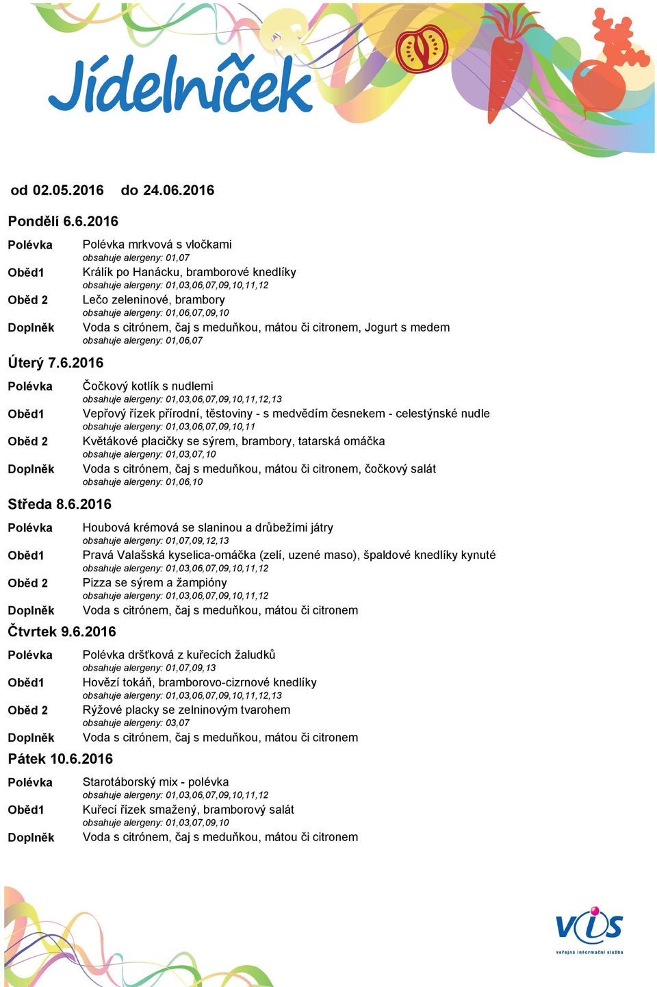 medem obsahuje alergeny: 01,06,07 Čočkový kotlík s nudlemi,13 Vepřový řízek přírodní, těstoviny - s medvědím česnekem - celestýnské nudle Květákové placičky se sýrem, brambory, tatarská omáčka