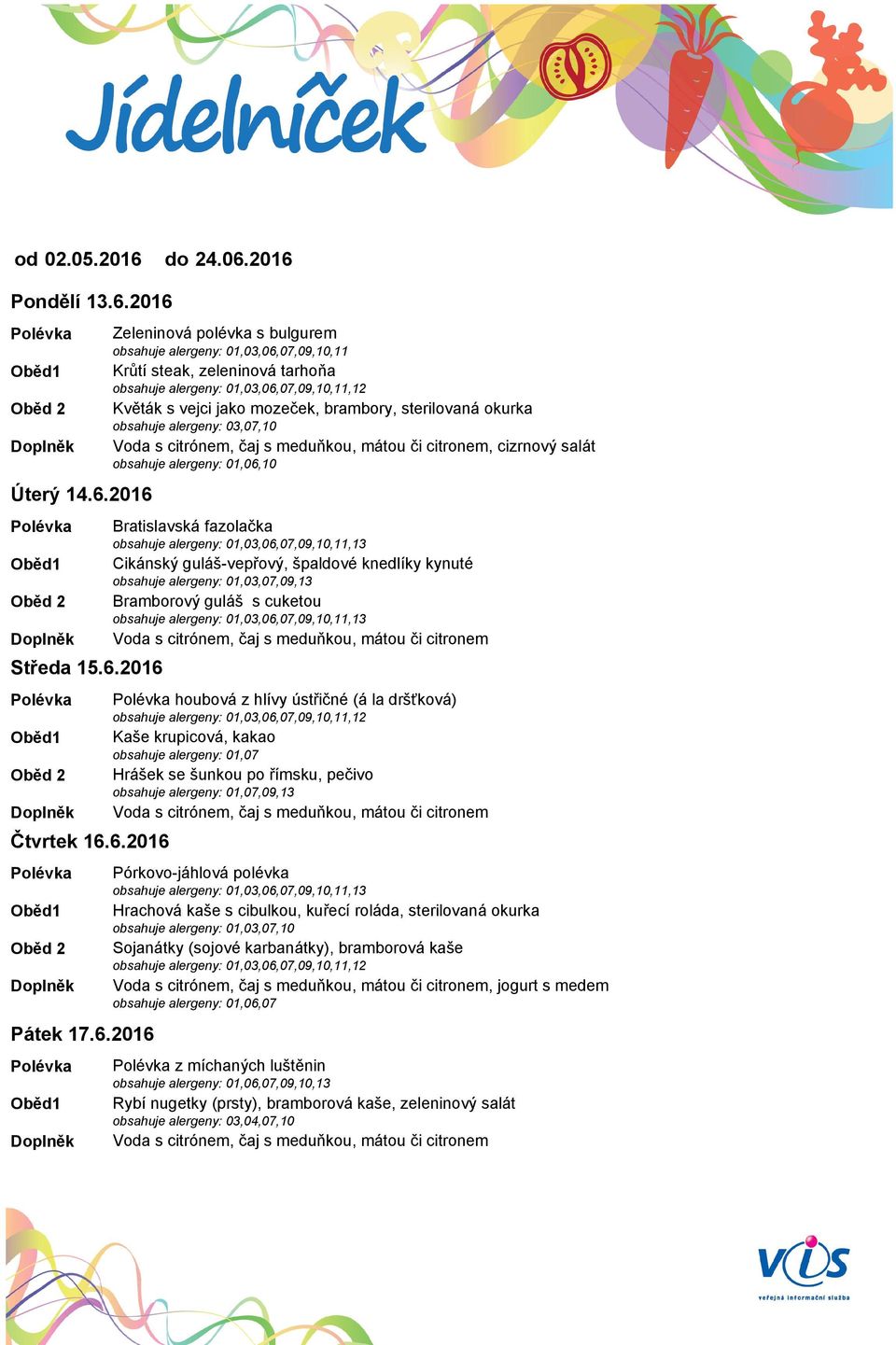 obsahuje alergeny: 03,07,10, cizrnový salát obsahuje alergeny: 01,06,10 Bratislavská fazolačka,13 Cikánský guláš-vepřový, špaldové knedlíky kynuté obsahuje alergeny: 01,03,07,09,13 Bramborový guláš s