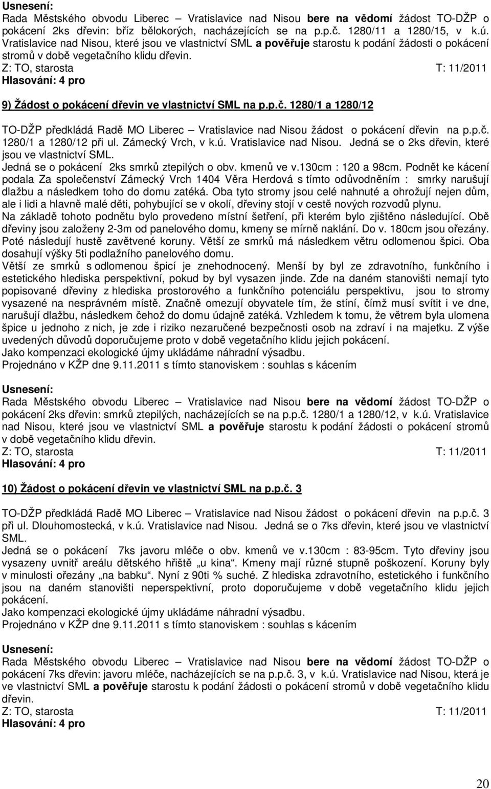 Z: TO, starosta T: 11/2011 9) Žádost o pokácení dřevin ve vlastnictví SML na p.p.č. 1280/1 a 1280/12 TO-DŽP předkládá Radě MO Liberec Vratislavice nad Nisou žádost o pokácení dřevin na p.p.č. 1280/1 a 1280/12 při ul.