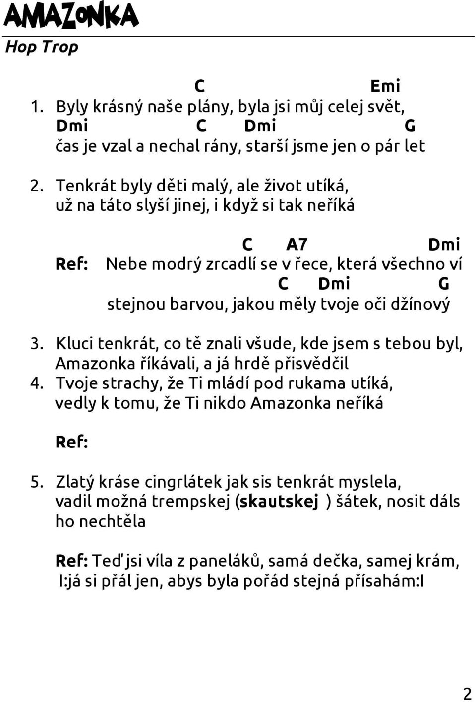 džínový 3. Kluci tenkrát, co tě znali všude, kde jsem s tebou byl, Amazonka říkávali, a já hrdě přisvědčil 4.