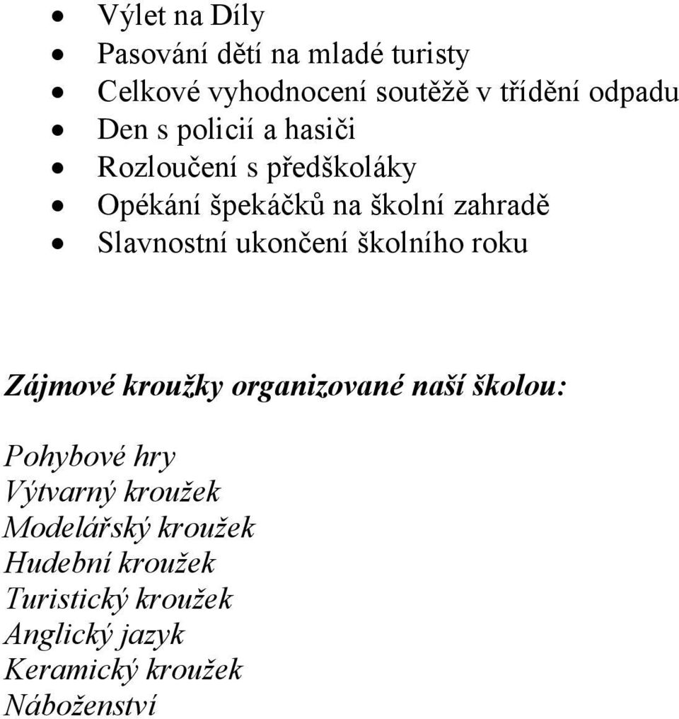 ukončení školního roku Zájmové kroužky organizované naší školou: Pohybové hry Výtvarný kroužek