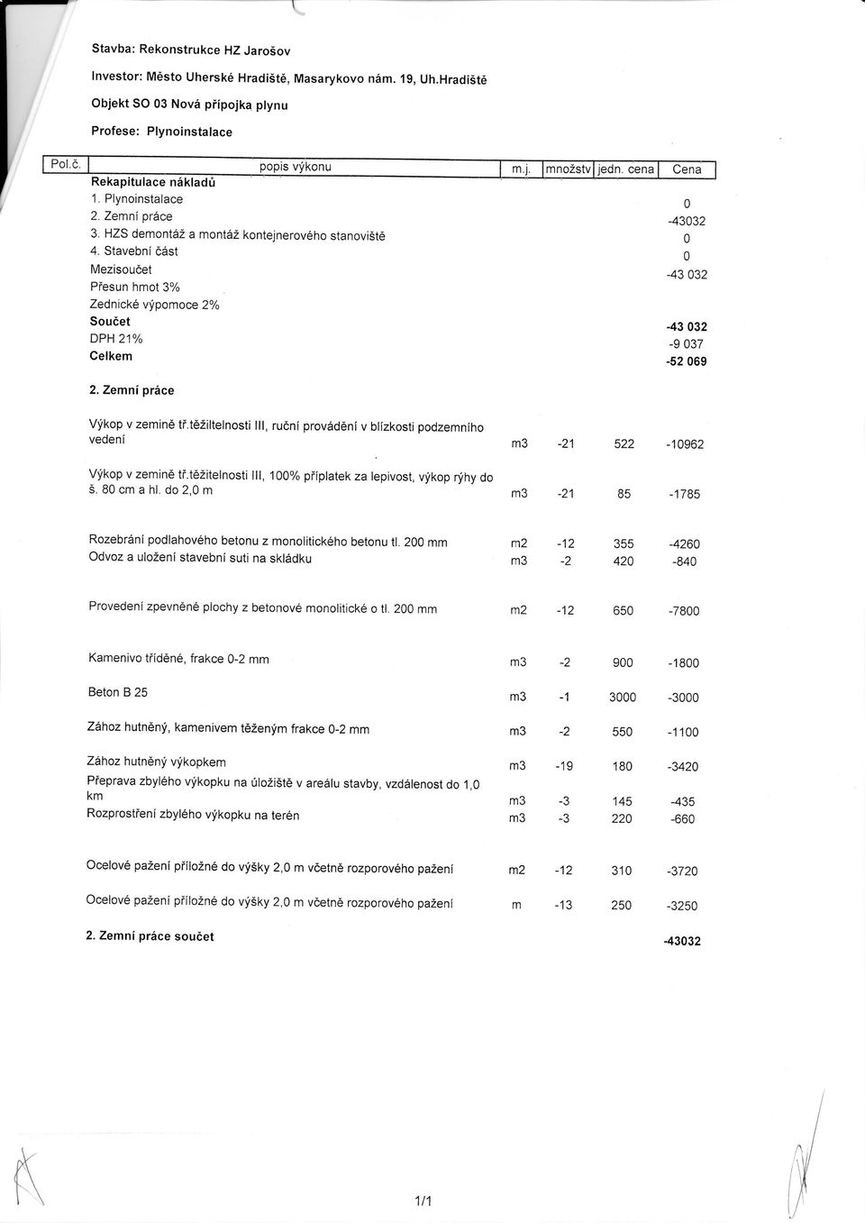 Stavební část Mezisou čet P řesun hmot 3% Zednické výpomoce 2% Sou čet DPH 21% Celkem -43032-43 032-43 032-9 037-52 069 2. Zemní práce Výkop v zemin ě t ř.