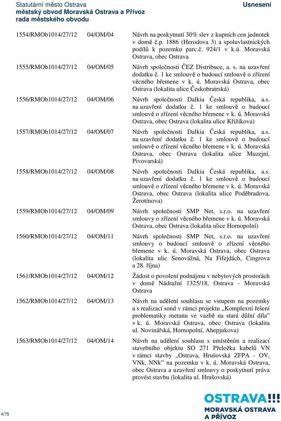 Moravská Ostrava, obec Ostrava (lokalita ulice Českobratrská) 1556/RMOb1014/27/12 04/OM/06 Návrh společnosti Dalkia Česká republika, a.s. na uzavření dodatku č.