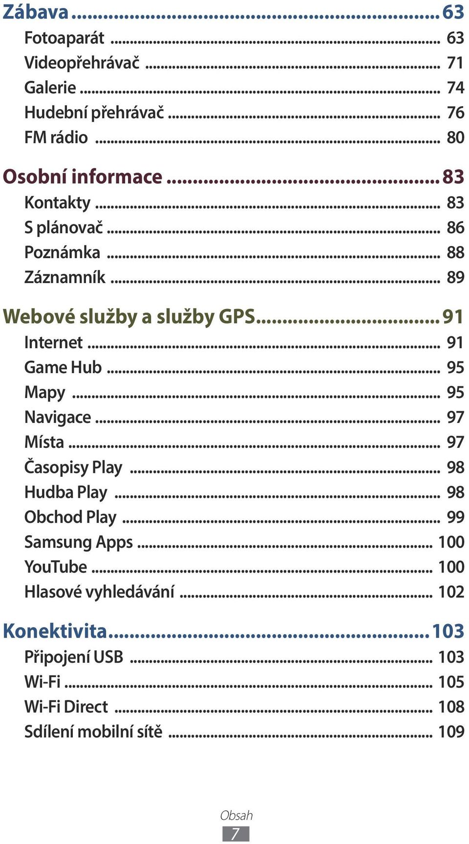 .. 95 Mapy... 95 Navigace... 97 Místa... 97 Časopisy Play... 98 Hudba Play... 98 Obchod Play... 99 Samsung Apps... 100 YouTube.