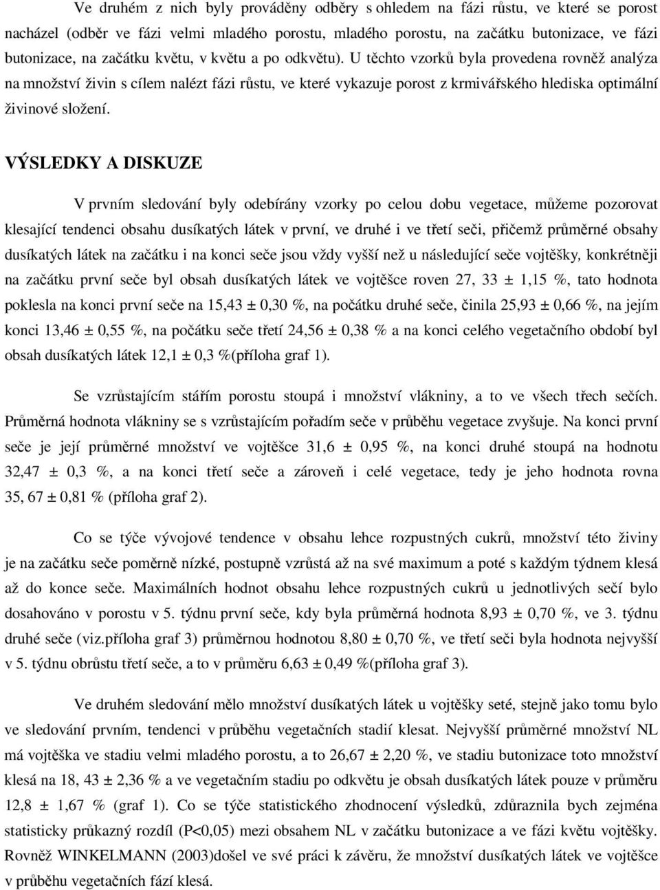 U těchto vzorků byla provedena rovněž analýza na množství živin s cílem nalézt fázi růstu, ve které vykazuje porost z krmivářského hlediska optimální živinové složení.