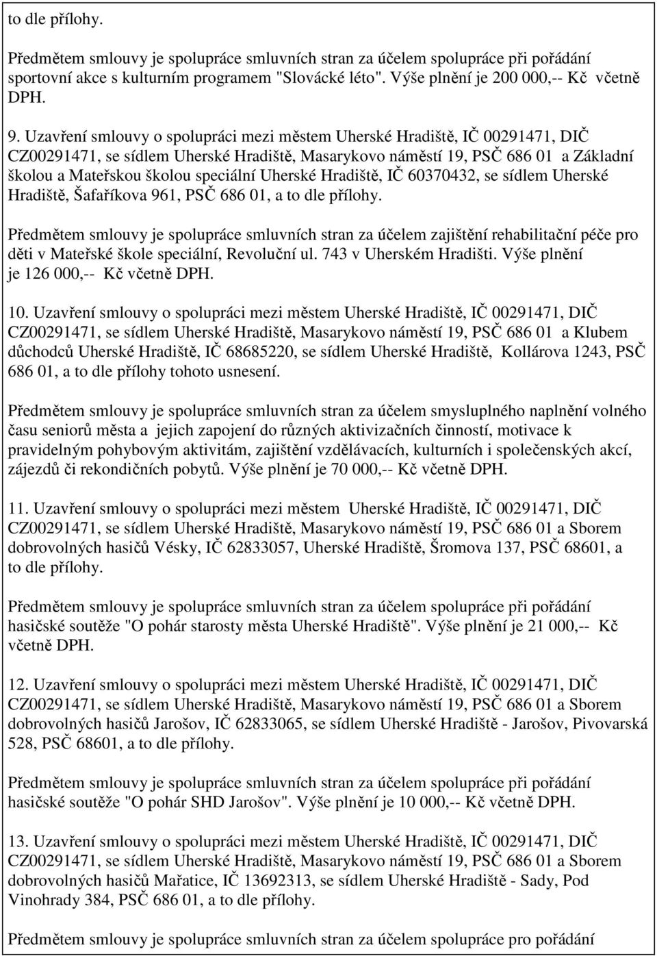 Uherské Hradiště, IČ 60370432, se sídlem Uherské Hradiště, Šafaříkova 961, PSČ 686 01, a to dle přílohy.