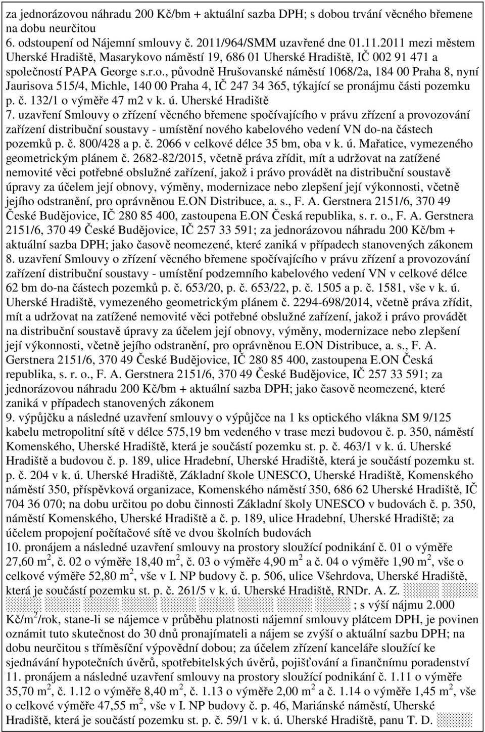 o náměstí 19, 686 01 Uherské Hradiště, IČ 002 91 471 a společností PAPA George s.r.o., původně Hrušovanské náměstí 1068/2a, 184 00 Praha 8, nyní Jaurisova 515/4, Michle, 140 00 Praha 4, IČ 247 34 365, týkající se pronájmu části pozemku p.