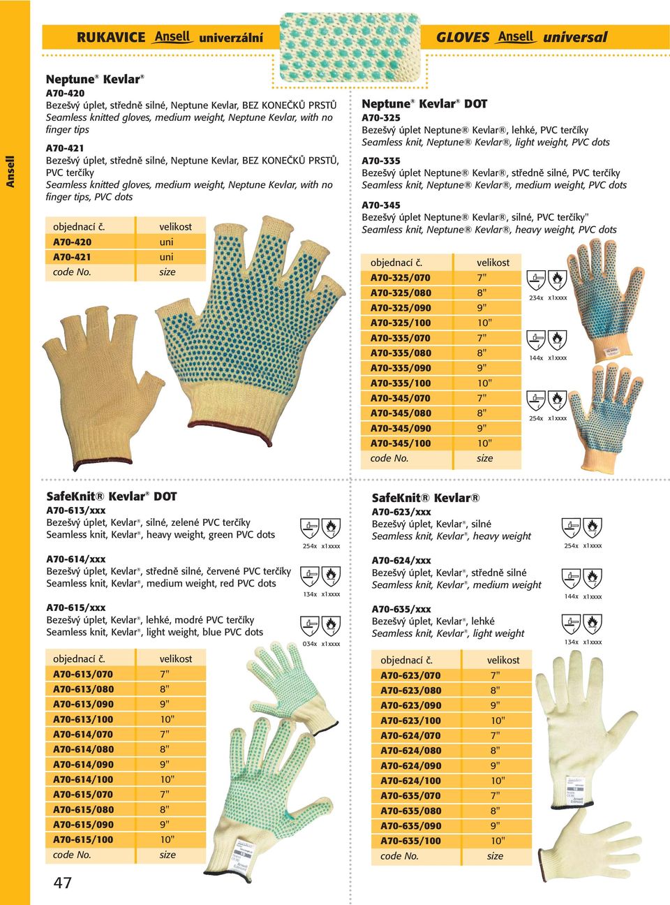 úplet Neptune Kevlar, lehké, PVC terčíky Seamless knit, Neptune Kevlar, light weight, PVC dots A70-335 Bezešvý úplet Neptune Kevlar, středně silné, PVC terčíky Seamless knit, Neptune Kevlar, medium