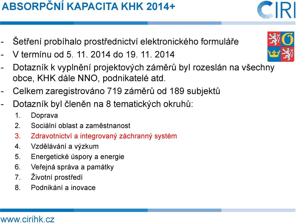 - Celkem zaregistrováno 719 záměrů od 189 subjektů - Dotazník byl členěn na 8 tematických okruhů: 1. Doprava 2.