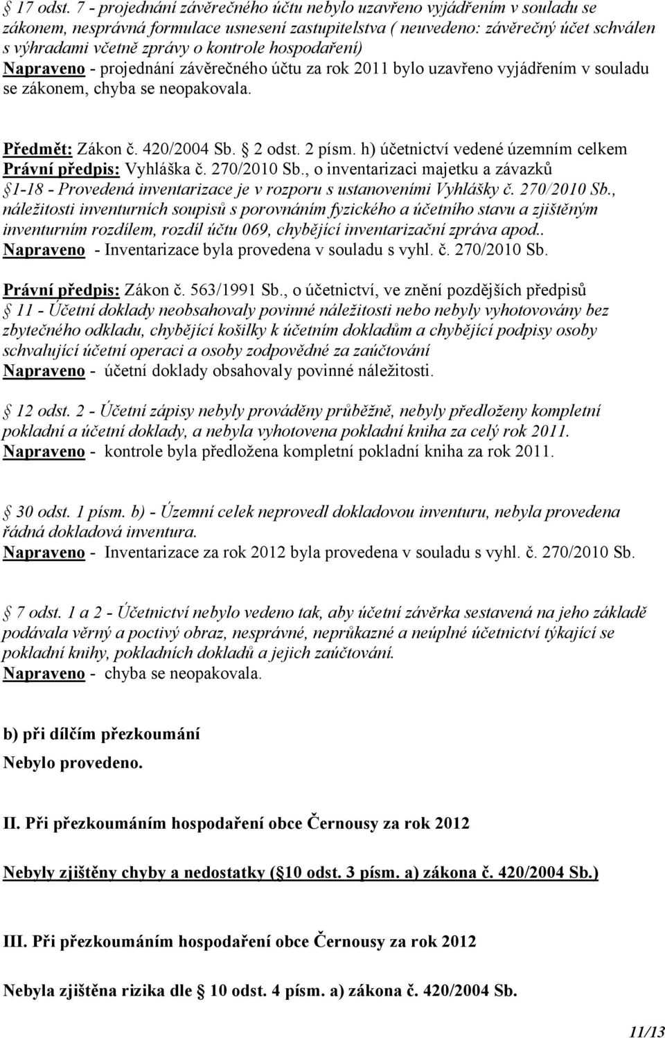 hospodaření) Napraveno - projednání závěrečného účtu za rok 2011 bylo uzavřeno vyjádřením v souladu se zákonem, chyba se neopakovala. Předmět: Zákon č. 420/2004 Sb. 2 odst. 2 písm.