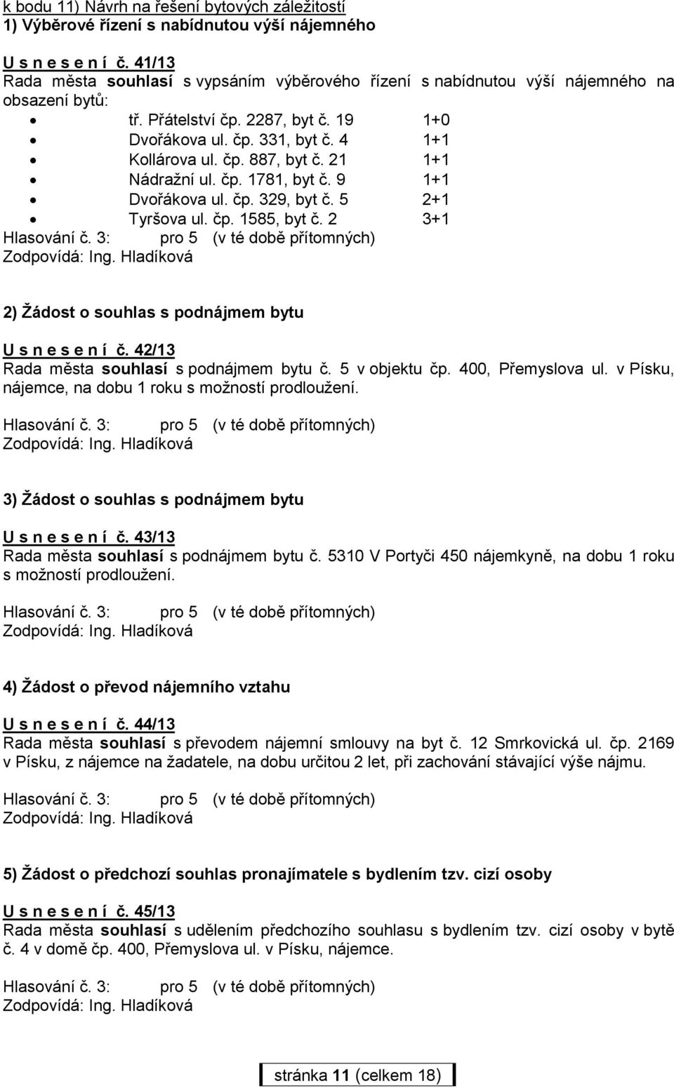 21 1+1 Nádražní ul. čp. 1781, byt č. 9 1+1 Dvořákova ul. čp. 329, byt č. 5 2+1 Tyršova ul. čp. 1585, byt č. 2 3+1 2) Žádost o souhlas s podnájmem bytu U s n e s e n í č.