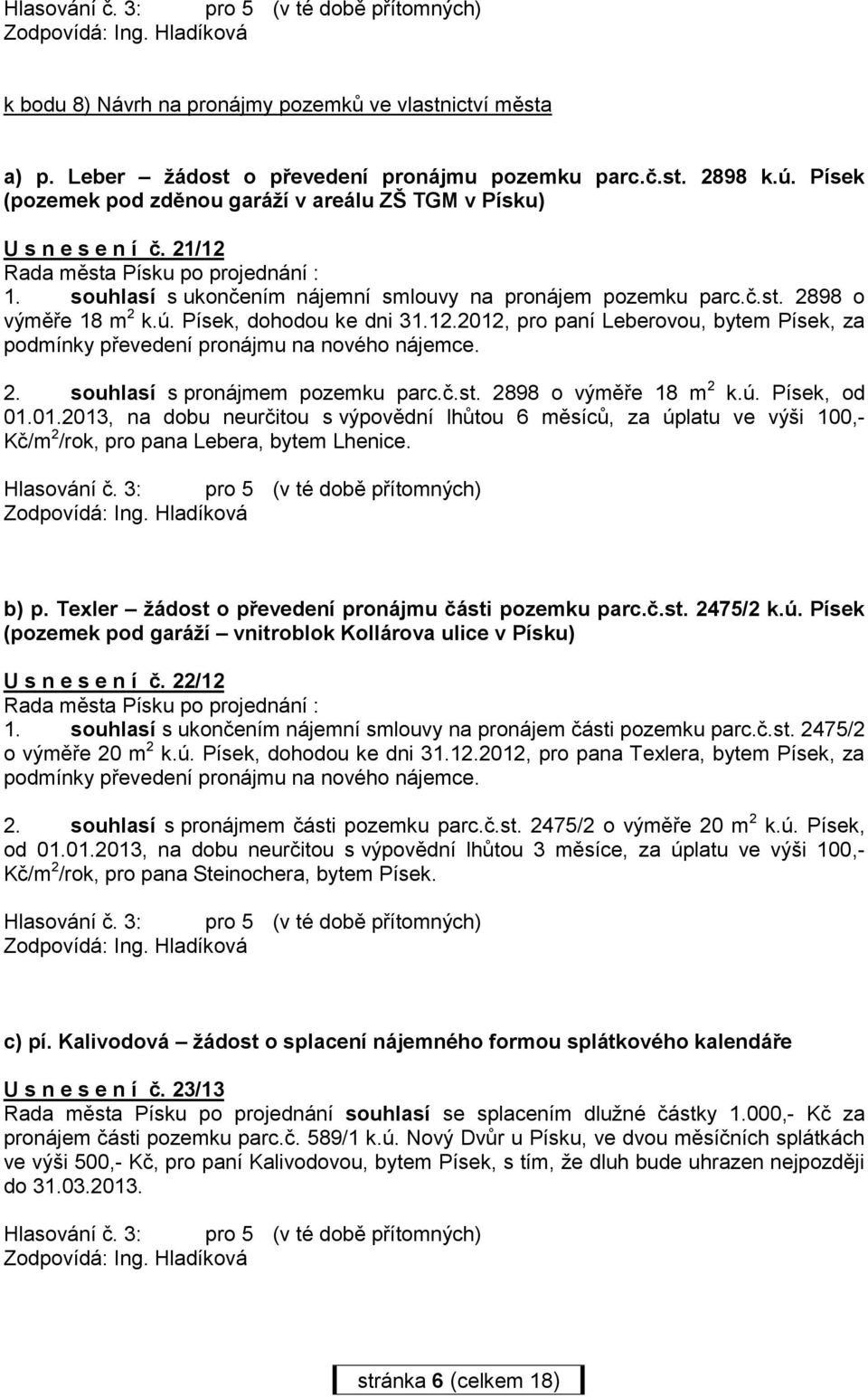 ú. Písek, dohodou ke dni 31.12.2012, pro paní Leberovou, bytem Písek, za podmínky převedení pronájmu na nového nájemce. 2. souhlasí s pronájmem pozemku parc.č.st. 2898 o výměře 18 m 2 k.ú. Písek, od 01.